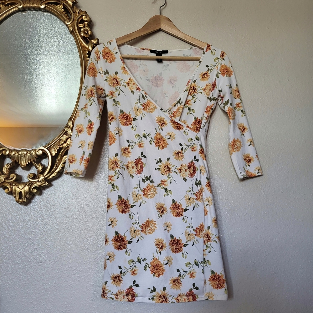 Yellow Floral Bodycon Dress with 3/4 Sleeves